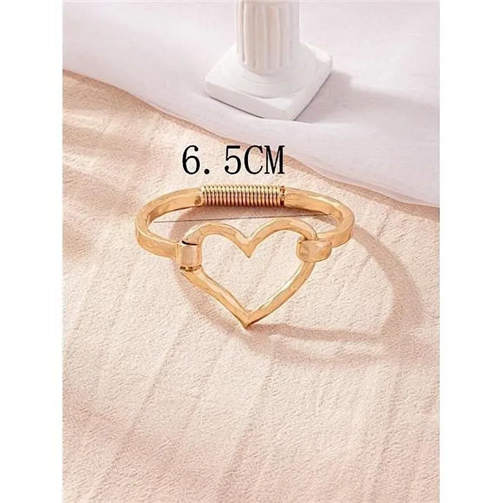 Chunky Gold Hammered Heart Cuff Bracelet Boho Statement Open Heart Bangle